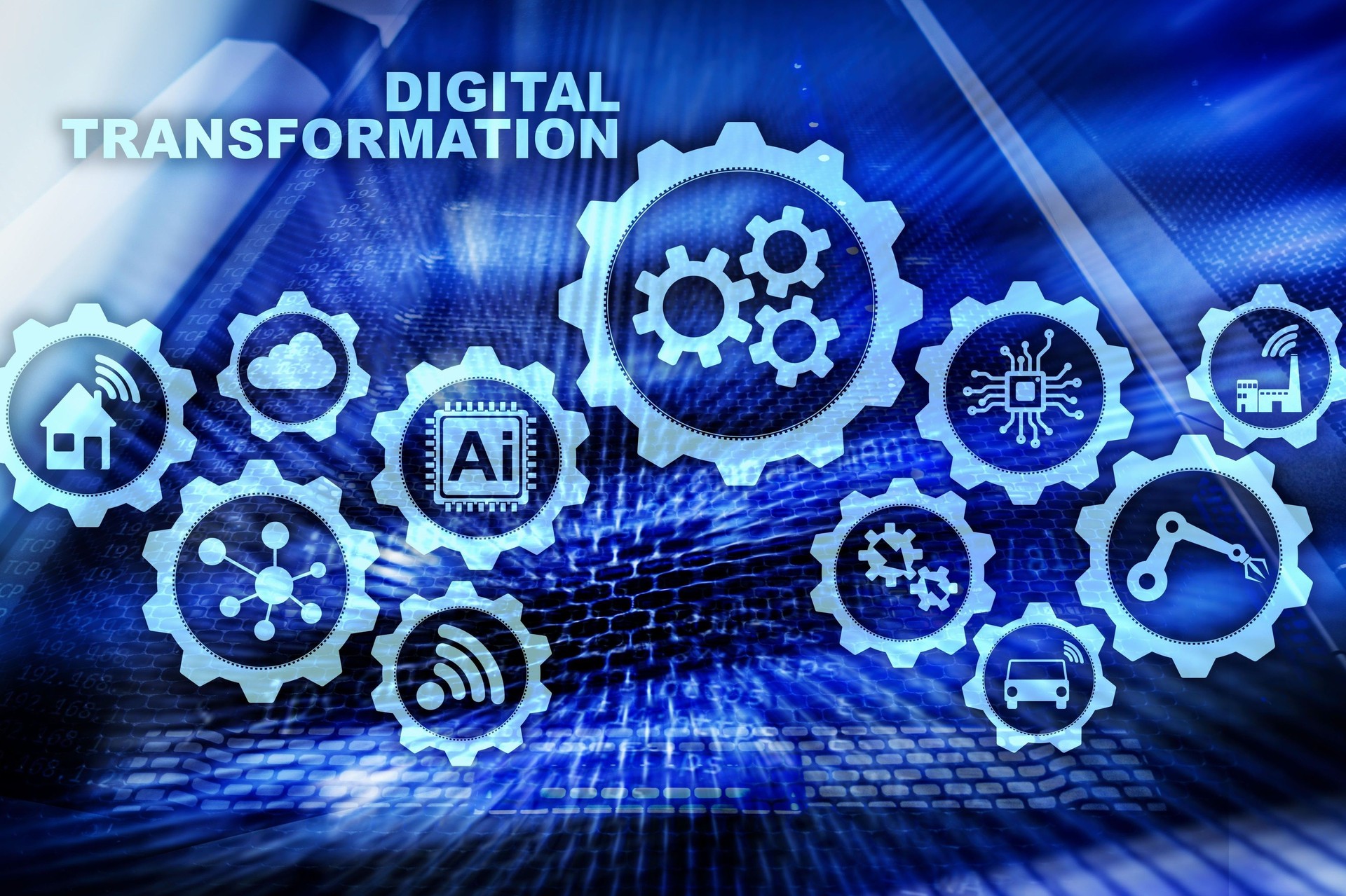 Digital Transformation Concept of digitalization of technology business processes. Datacenter background.